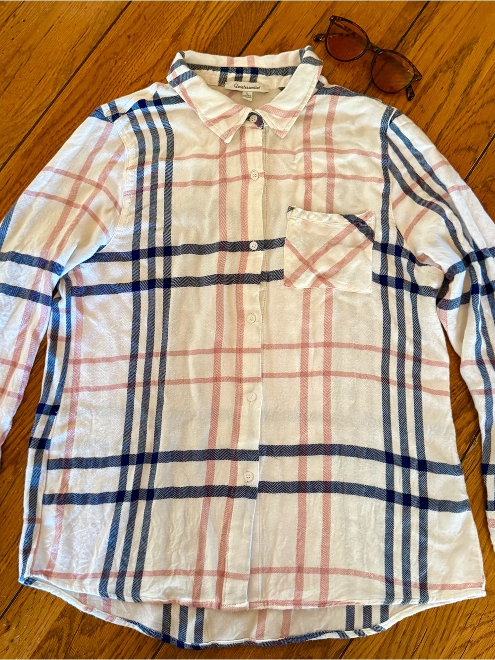 Plaid Button-Front Woman’s Shirt -  White & Pink & Navy Stripe. - Picture 6 of 9